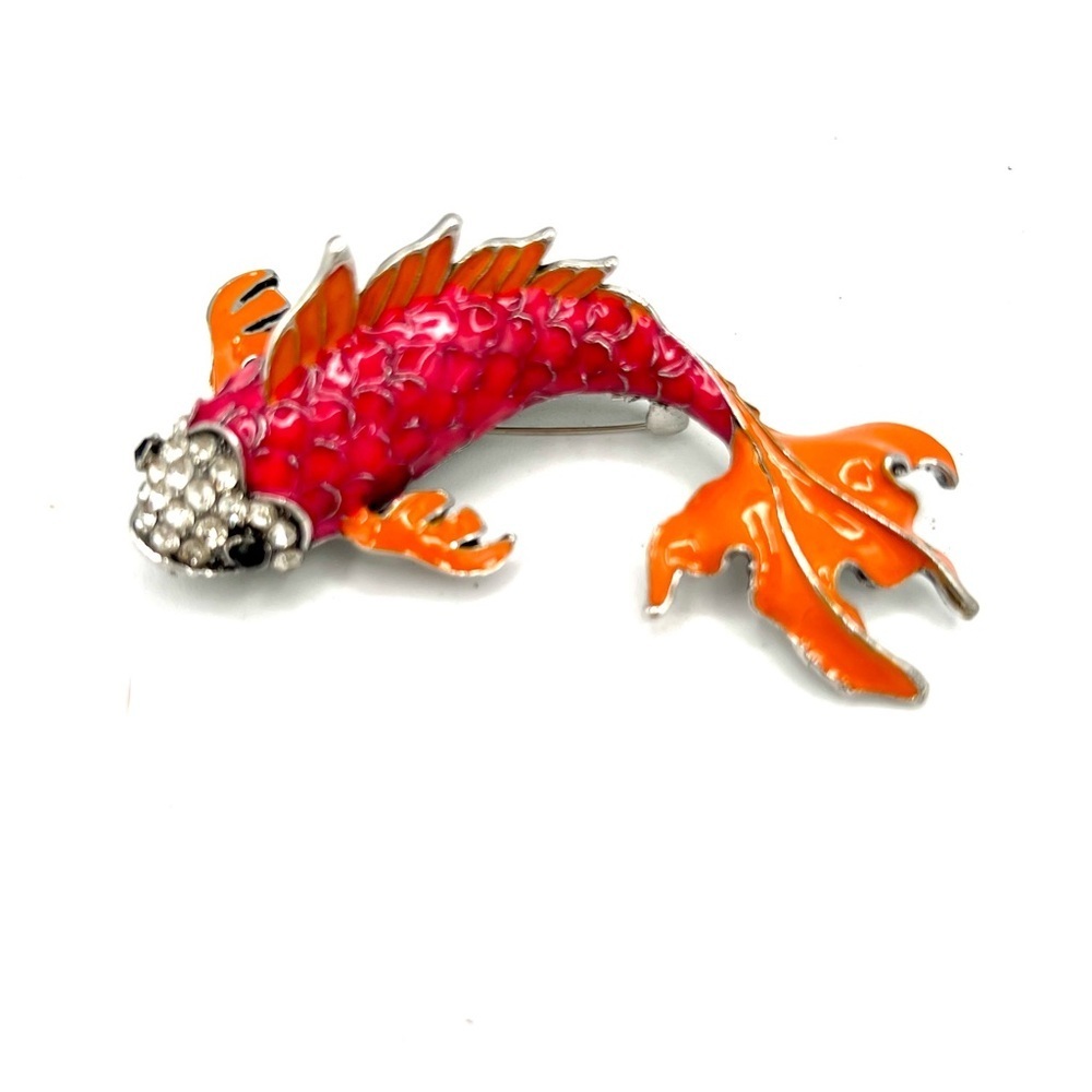 Pink & Orange Enamel Koi Fish Brooch with Rhinestonnes